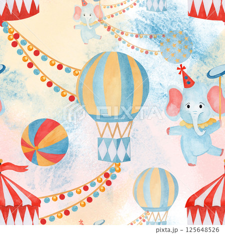 Seamless pattern watercolor hand drawn cartoon circus elephant juggler, tent and balloon on multicolor background. For childish fabric, wallpaper nursery, birthday cards, invitations, scrapbook Seamless pattern watercolor hand drawn cartoon circus elephant juggler, tent and balloon on multicolor background. For childish fabric, wallpaper nursery, birthday cards, invitations, scrapbook 125648526