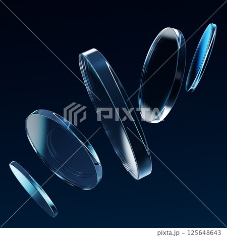 3d glass transparent circle discs on dark blue background. Crystal glossy disks with prism flare reflection, lens light refraction. Abstract round plates flying on black bg render. 3D illustration 125648643