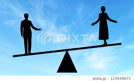 天秤に乗った男女シルエット青空背景_男性が下 125648675