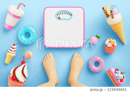 Man or woman character legs, scale around sweet desserts. Weight measure, obesity and unhealthy food. Junk snacks, sugar and fast carbohydrates. Overeating addiction, stress render. 3D illustration 125648841