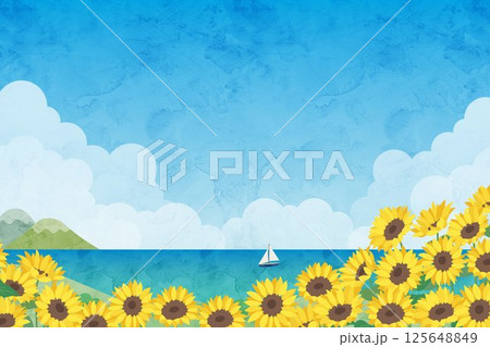 向日葵と夏の海の水彩風風景イラスト 125648849