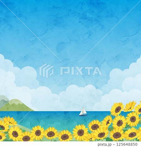 向日葵と夏の海の水彩風風景イラスト 125648850