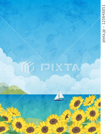 向日葵と夏の海の水彩風風景イラスト 125648851