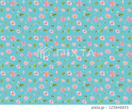 Repeating abstract drawing pink flower and leaf on blue background. 125648855