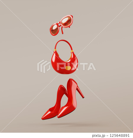 Women fashion clothes and accessories for office or romantic date. Luxury red high heel shoes, bag and sunglasses on beige background for shopping sale, advertising promotion design. 3D illustration 125648891