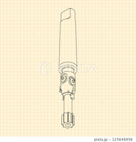 Mechanical engineering drawings. Tap tools, borer. Technical Design. Cover. Blueprint. Step Cutting Tool with Countersinking Function. Technical 3D Vector Illustration 125648956