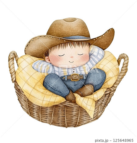 Sleeping cowboy baby in a basket with a cozy plaid blanket. Cute western watercolor illustration. 125648965