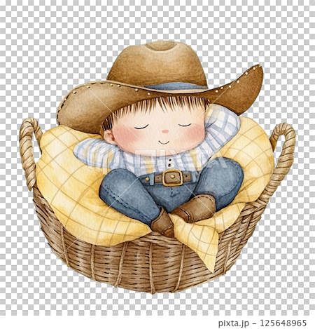 Sleeping cowboy baby in a basket with a cozy plaid blanket. Cute western watercolor illustration. 125648965