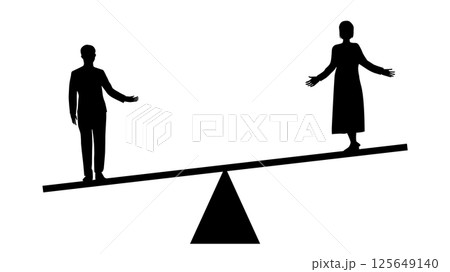 天秤に乗った男女シルエット_男性が下 125649140