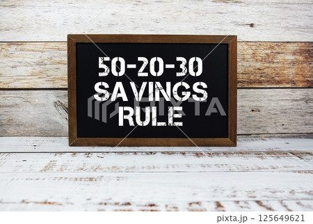 50-20-30 Savings Rule text message and alarm clock on wooden background 125649621