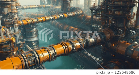 Futuristic Industrial Complex with Orange Pipes and Teal Water fog dark smog plant metal urban rusty 125649680
