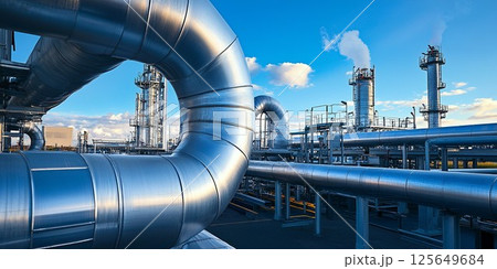 Industrial Refinery Pipes and Towers Under a Blue Sky oil gas metal steel plant tubes energy system 125649684