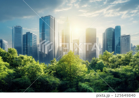 Modern City Skyline with Lush Green Trees and Sunny Sky day blue view park urban leaves nature 125649840