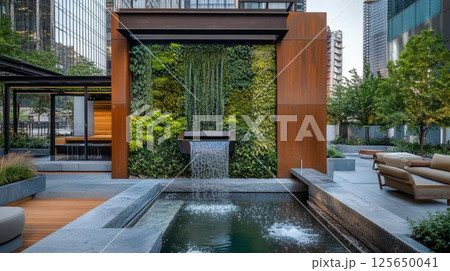 Modern Urban Oasis: Serene Waterfall Feature with Lush Vertical Garden in Cityscape zen wood rust 125650041