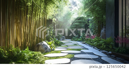 Serene Bamboo Garden Path: Tranquil Stone Stepping Stones Landscape zen spa lush green asian rocks 125650042