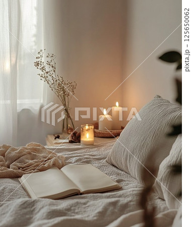Cozy Bedroom Still Life: Candles, Book, and Dried Flowers on Bed spa calm beige cream hygge night 125650062