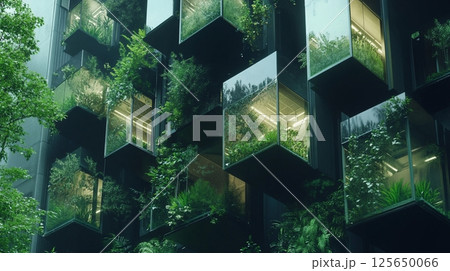 Modern Green Building Exterior with Lush Plants in Glass Cubes, Sustainable Architecture Design city 125650066