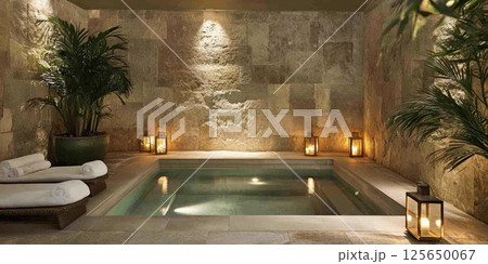 Serene Spa Relaxation: Indoor Pool with Stone Wall and Candles zen calm warm hotel water beige brown 125650067