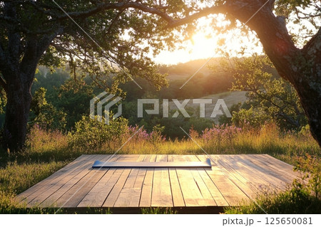 Serene Sunset Yoga Deck: Outdoor Fitness, Peaceful Nature mat sky wood calm view trees grass field 125650081