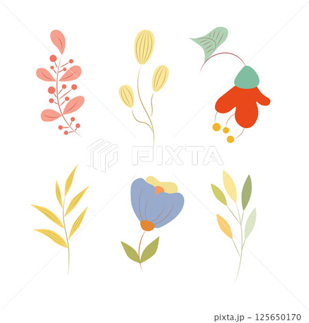 colorful set with cute spring flowers, and colorful twigs and leaves. 125650170