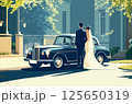 スタイリッシュな都市のシーンでクラシックカーとエレガントなヴィンテージウェディングカップル。 125650319