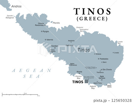 Tinos, Greek island in the Aegean Sea, gray political map. Part of Cyclades archipelago, south of Andros. A major pilgrimage site for Greek Orthodox Christians. The capital and largest town is Tinos. 125650328