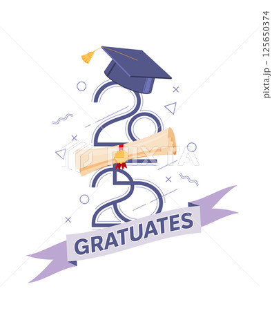 Class of 2025. Congratulations graduates design concept. Graduating cap and 2025 number against white background. Design elements of greeting card, invitation 125650374