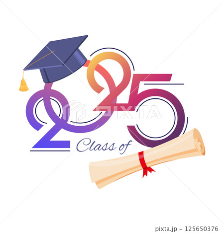 Class of 2025. Congratulations graduates design concept. Graduating cap and 2025 number against white background. Design elements of greeting card, invitation 125650376