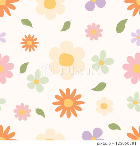 seamless pattern with cute spring flowers, and green leaves. 125650591