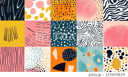a colorful grid of 15 square abstract patterns featuring playful geometric shapes, dots, lines, and brush textures 125650619