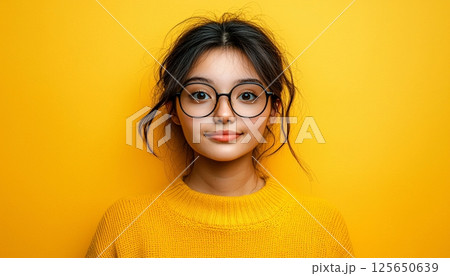 Young woman with glasses smiling against vibrant yellow background in cozy sweater showcasing joy 125650639