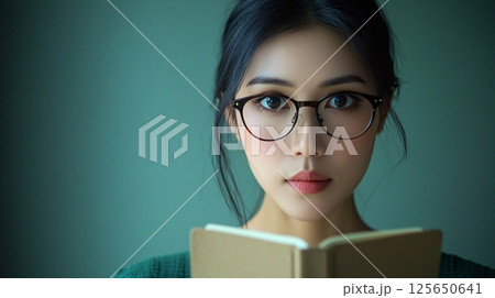 Young woman with glasses reading a book in a serene indoor setting, focusing on her expressive gaze  125650641