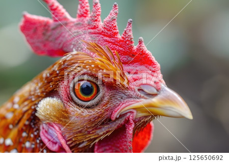 Ultra close up, macro photo of chicken head, with detailed feathers, 125650692