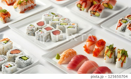 Overhead view of a vibrant sushi platter arranged, showcasing an array of colorful rolls and nigiri adorned with fresh fish, avocado, and colorful ingredients 125650704