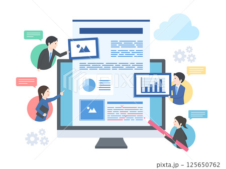クラウド上で資料の共同編集をしている男女のイラスト クラウド上で資料の共同編集をしている男女のイラスト 125650762