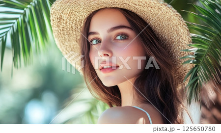 A beautiful young woman with long brown hair wearing a straw hat poses gracefully under palm leaves 125650780