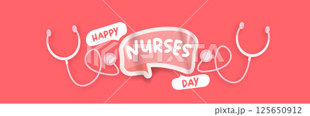 International nurses day cute vector wide horizontal banner and poster with stethoscope isolated on pink background. vector 12 May Happy nurses day icon, label, sign, sticker design template 125650912