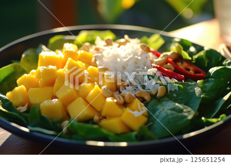 Fresh mango spinach salad with cashews and spices 125651254