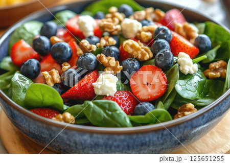 A vibrant salad featuring fresh spinach topped with strawberries, blueberries, walnuts. 125651255