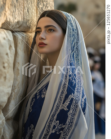 Woman in traditional attire near ancient stone wall Woman in traditional attire near ancient stone wall 125651270