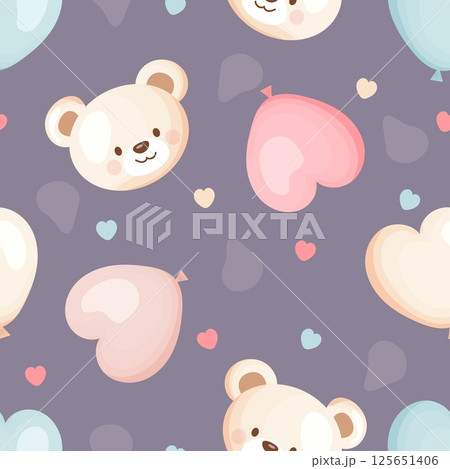 Seamless pattern with teddy bear faces and heart balloons on dusty lilac background 125651406