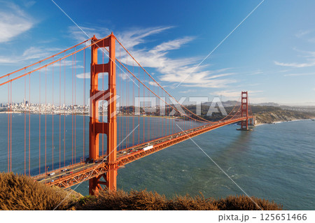 Iconic view of the Golden Gate Bridge bathed in warm sunlight Iconic view of the Golden Gate Bridge bathed in warm sunlight 125651466