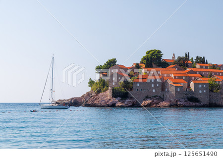 Scenic view of Sveti Stefan beach in Montenegro Scenic view of Sveti Stefan beach in Montenegro 125651490