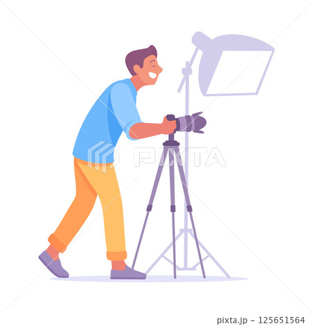 A Creative Photographer is adjusting their studio lighting equipment for an upcoming shoot 125651564