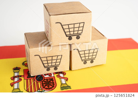 Online shopping, Shopping cart box on Spain flag, import export, finance commerce. Online shopping, Shopping cart box on Spain flag, import export, finance commerce. 125651824