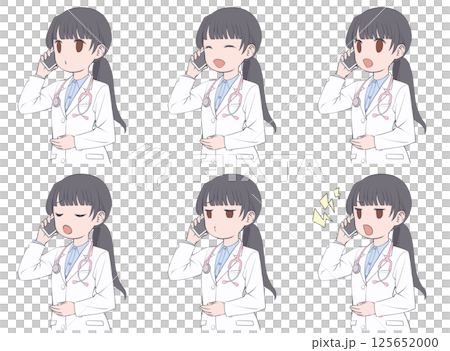 スマホで電話をかける黒髪の女性医師・様々な表情6種類セット 125652000