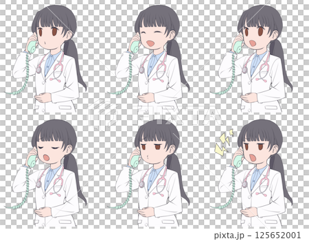 受話器を持って話す黒髪の女性医師・様々な表情6種類セット 受話器を持って話す黒髪の女性医師・様々な表情6種類セット 125652001