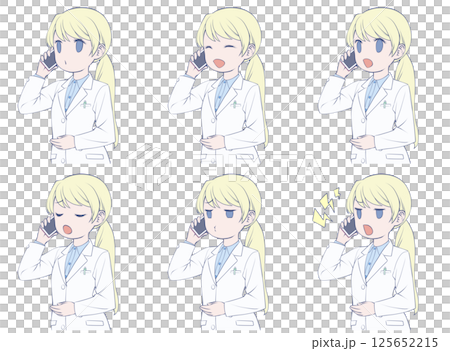 Blonde female pharmacist making a phone call on her smartphone - set of 6 different facial expressions Blonde female pharmacist making a phone call on her smartphone - set of 6 different facial expressions 125652215