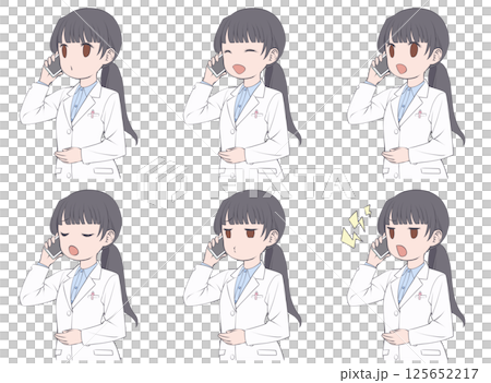 A black-haired female pharmacist making a phone call on her smartphone - set of 6 different facial expressions 125652217