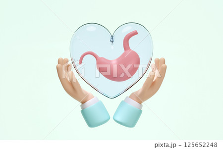 3d hands holding stomach in heart transparent isolated on green background. check stomach health concept, 3d illustration render 125652248